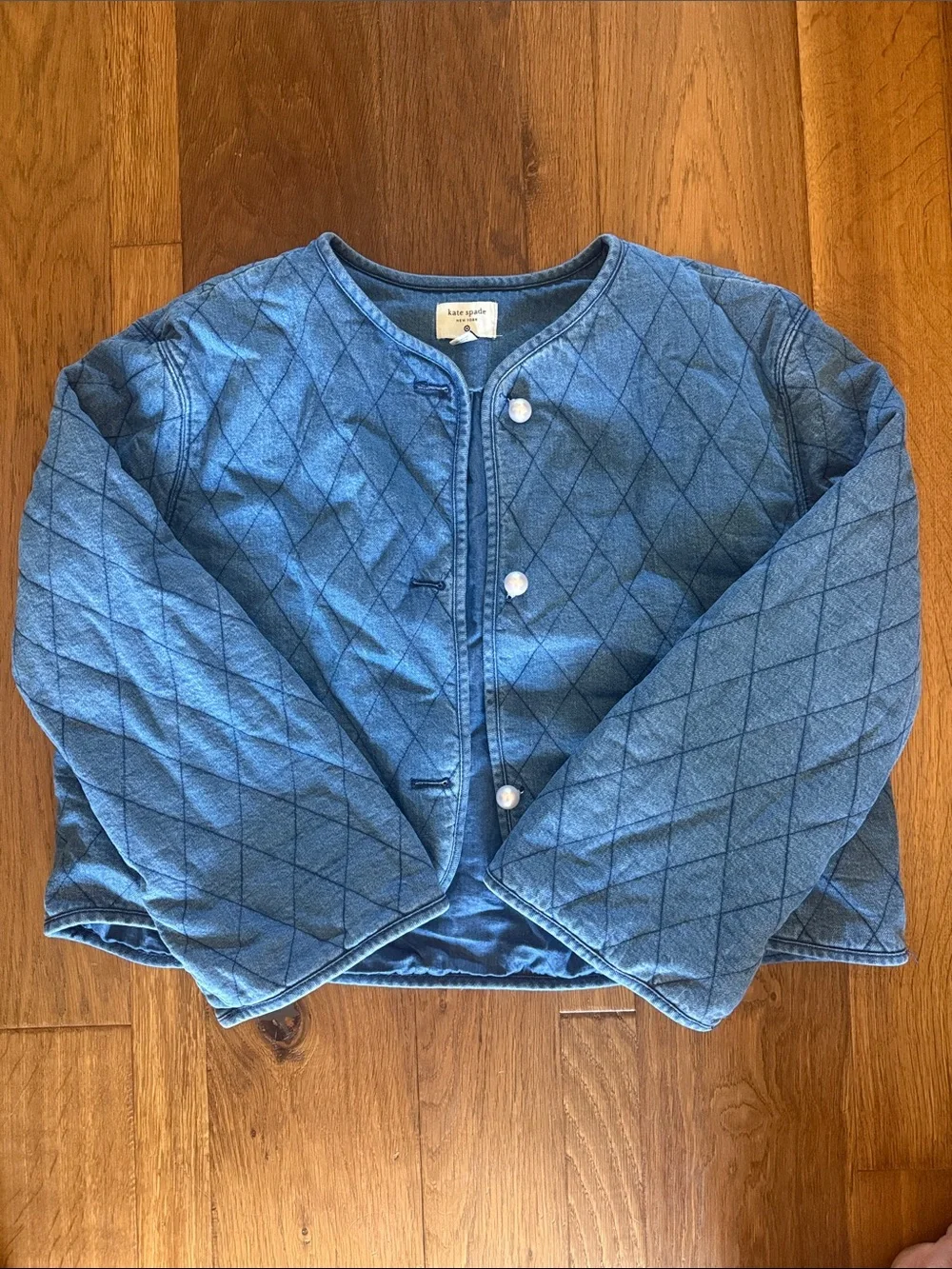kate spade Quilted Denim-Blue Round-Neck Puffer Jacket.